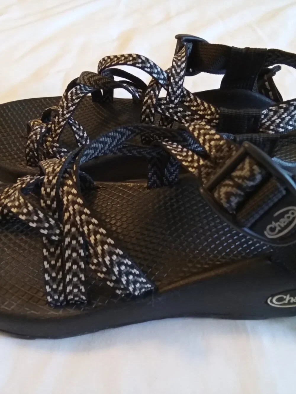 Women's Chaco strapoy sandals, blac, white and grey, size 6, pre-owned